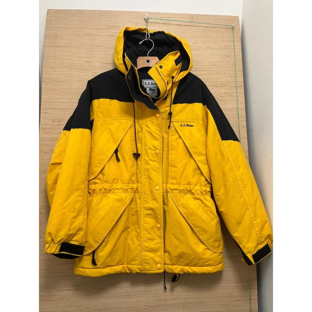 LL Bean Womens Petite Small Yellow Black Hooded Winter Jacket Parka